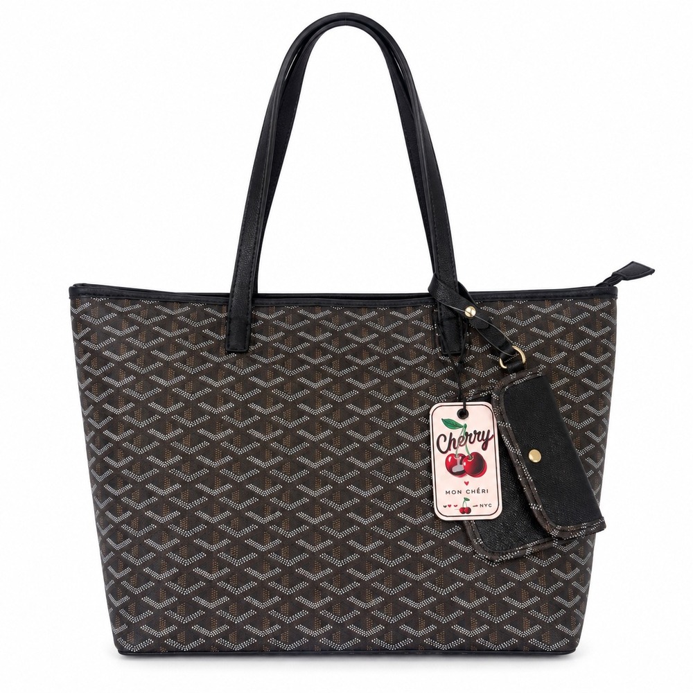 Geometric Chevron Print Tote Bag Brown Black Cherry Mon Cheri Pouch Large